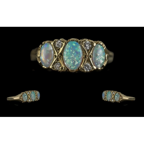 47 - Antique Period Ladies 9ct Gold Opal & Diamond Set Ring.  Full hallmark to shank.  The three oval sha... 