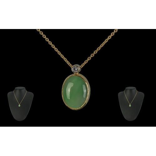 49 - 18ct Gold Pleasing Quality Jade & Diamond Set Pendant, with attached 18ct Gold Chain.  Both pendant ... 