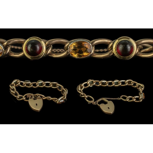 49A - Antique Period - Attractive 9ct Gold Gem Set Bracelet with Heart Shaped Padlock and Safety Chain. Ma... 