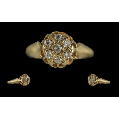 60 - Antique Period - Attractive 18ct Gold Diamond Set Cluster Ring ( Pave Set ) The Well Matched 7 Diamo... 