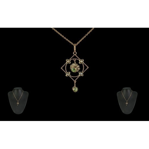 61 - Antique Period - Attractive 9ct Gold Open Worked Peridot and Seed Pearl Set Pendant with Attached 9c... 