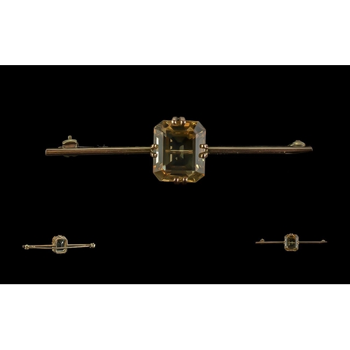 62A - Antique Period Attractive 15ct Gold Citrine Set Brooch. The Large Faceted Citrine of Excellent Colou... 