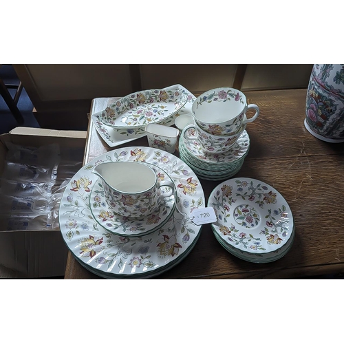 720 - Minton 'Haddon Hall' part set, comprising milk jug, sugar bowl, two tea cups, 13 saucers, oval bon b... 