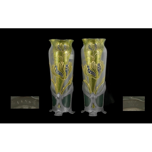 750 - Art Nouveau Van Houten Pewter Mounted Glass Vase, early 20th century, Overlaid Floral Decoration In ... 