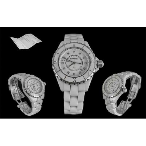 98 - Chanel J12 Ladies White Ceramic and Steel Quartz Wrist Watch. Model No H01628. Features Diamond Dot,... 