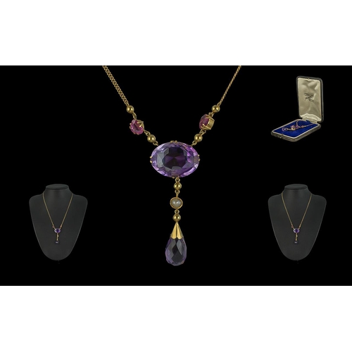 10 - Edwardian Period 1901 - 1910 15ct Gold Amethyst Set Necklace with Drop. Tests 15ct or Better. The Am... 