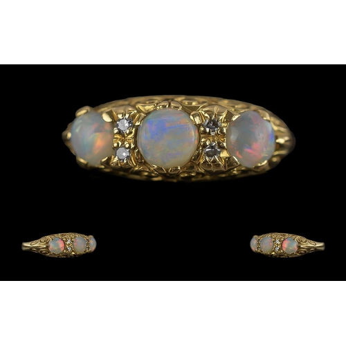 12 - Victorian Period 1837 - 1901 Excellent 18ct Gold Opal and Diamond Set Ring in ornate setting, full h... 