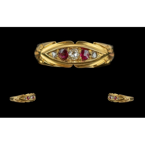 128 - Antique Period 18ct Gold 5 Stone Diamond & Ruby Ring, full hallmark to interior of shank.  Birmingha... 