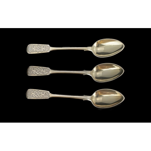 142A - Russian Mid 19th Century Excellent Set of Silver Teaspoons with Matching Large Spoon with Exquisite ... 