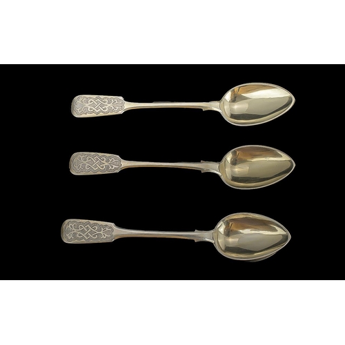 142A - Russian Mid 19th Century Excellent Set of Silver Teaspoons with Matching Large Spoon with Exquisite ... 