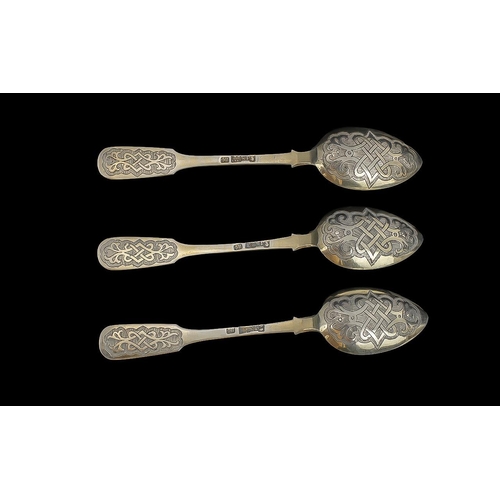 142A - Russian Mid 19th Century Excellent Set of Silver Teaspoons with Matching Large Spoon with Exquisite ... 