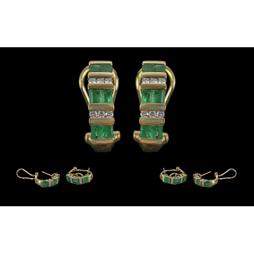 14A - Ladies - Excellent Quality 14ct Gold Pair of Earrings Set with Emeralds and Diamonds In a Semi-Hoop ... 