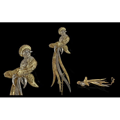 18A - 18ct Gold Handmade Bird of Paradise Figural Brooch, in white and yellow gold, with diamond set eye. ... 