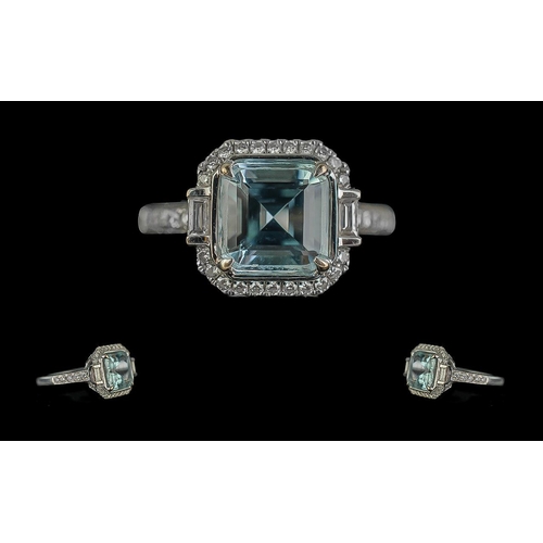 19 - Ladies - 18ct White Gold Pleasing Quality Aquamarine and Diamond Set Dress Ring. Full Hallmark to In... 