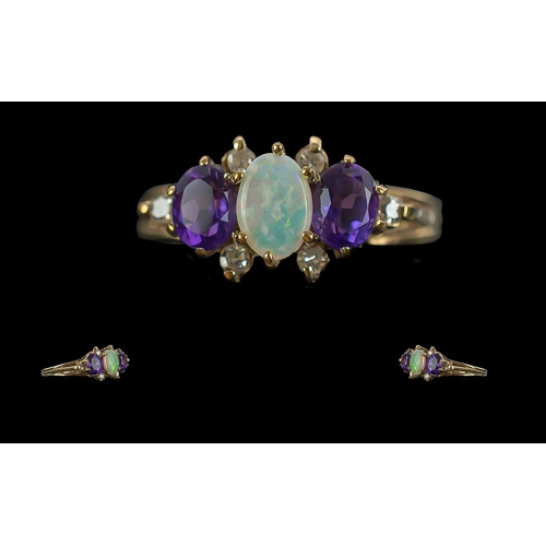 19A - Ladies - Attractive 9ct Gold Opal, Amethyst and Diamond Set Ring of Pleasing Design. Full Hallmark t... 