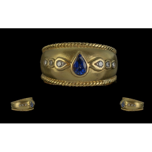 21 - Etruscan - Design Classic Ladies 18ct Gold Band Ring, Set with Blue Sapphires and White Diamonds, Wh... 