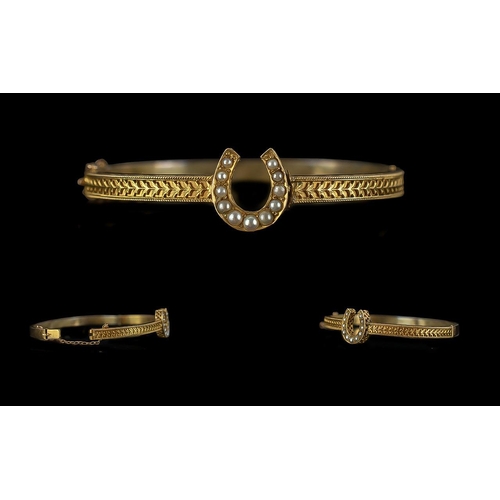 21A - Antique Period Attractive & Pleasing Ladies 15ct Gold Well Designed Bangle, horseshoe set with seed ... 