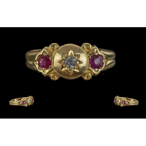 25A - Antique Period Attractive 18ct Gold Ruby and Diamond Set Ring, Pleasing Design. Full Hallmark to Int... 