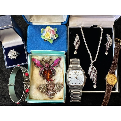 335 - Box of Quality Costume Jewellery, including crystal drop earrings, Royal Albert floral brooch, ename... 