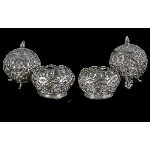 392 - Burmese Silver Cruet Set, lower grade silver cruet set, highly embossed with deities, two salts and ... 