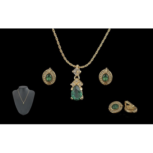 399 - Christian Dior Pendant, Chain & Earrings, pendant set with green tear drop shaped  stone and surmoun... 