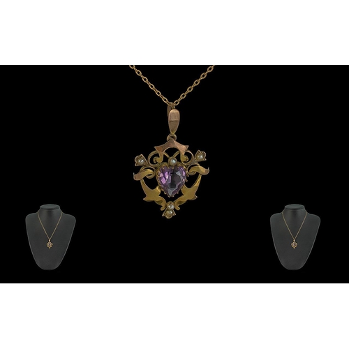 61 - 9ct Gold Amethyst & Seed Pearl Pendant.  Antique pendant set with heart shaped Amethyst and seed pea... 