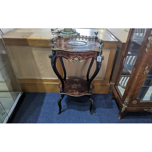 1017 - Antique French Shaped Walnut Side Table, gallery top with four bird finials, central painted panel, ... 