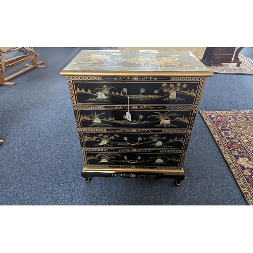 1018 - Oriental Style Chinoiserie Decorated Chest of Drawers, black lacquer with gilt highlights with appli... 