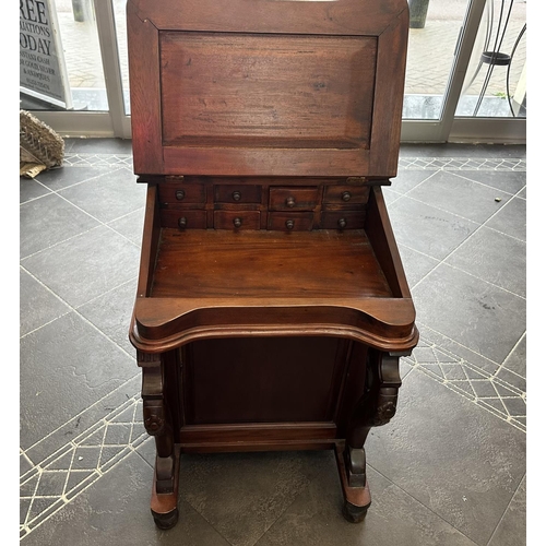 1031 - Repro Mahogany Writing Desk, green leather style top, lifts up to reveal storage space and eight sma... 