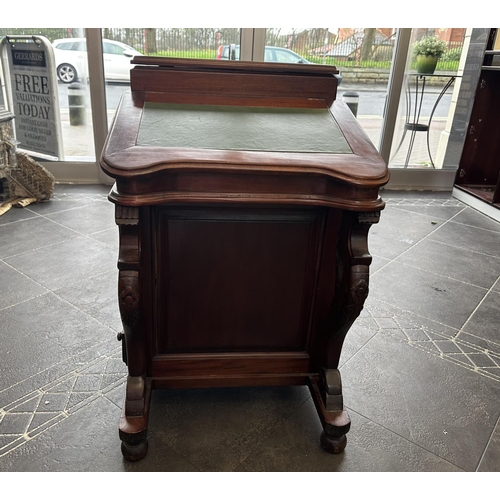 1031 - Repro Mahogany Writing Desk, green leather style top, lifts up to reveal storage space and eight sma... 