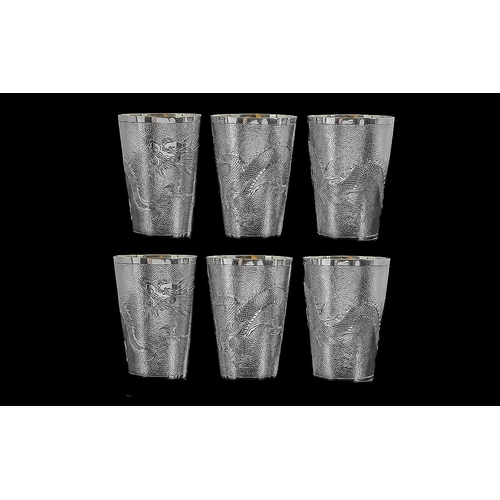 110 - Chinese Export - Excellent Quality Silver Set of Six Dragon Tot Cups, All Planished with Gilt Interi... 