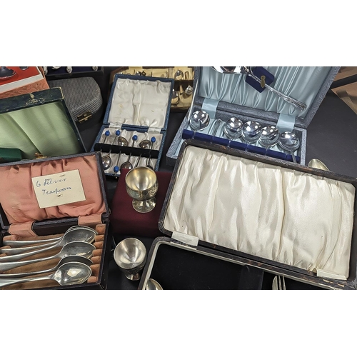 1235 - Box of Silver Plated Ware - To Include boxed, forks, boxed spoons, teaspoons, cake knife, egg cups, ... 