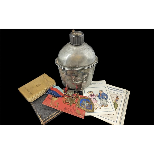 1301 - Military US Water Flask marked Swanson 1945, together with a Military Star medal, a Temperance medal... 