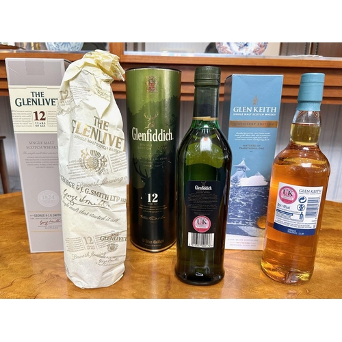 1383 - Three Bottles of Boxed Whisky, comprising Glenfiddich 12 Year Old Single Malt, Glenlivet 12 year old... 