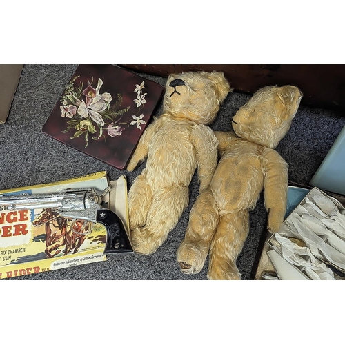 1437 - Large Metal Chest containing collectibles, including two vintage teddy bears, a pair of binoculars, ... 