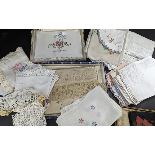 1478 - Box of Vintage Textiles, including crochet, embroidered, table clothes, etc.