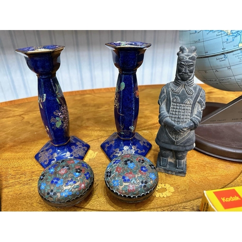 1495 - Box of Miscellaneous, including a small globe, Kang'he blue candlestick, oriental figure, two enamel... 