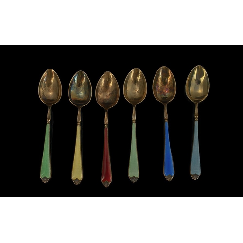 196 - An Excellent 1920's Boxed Set of Six Sterling Silver and Enamel Harlequin Set Coffee Spoons. All In ... 