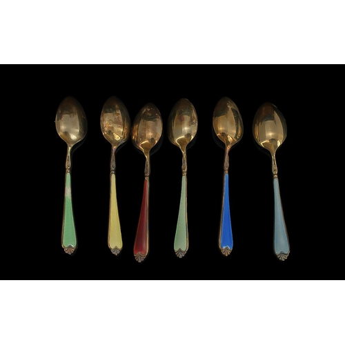 196 - An Excellent 1920's Boxed Set of Six Sterling Silver and Enamel Harlequin Set Coffee Spoons. All In ... 