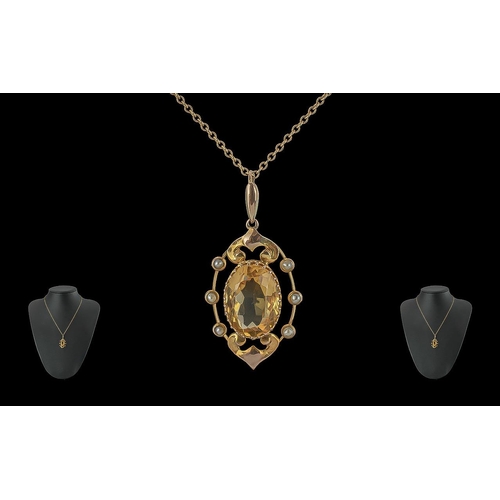 198 - Antique Period - Attractive 9ct Gold Citrine and Seed Pearl Open Worked Pendant with Attached 9ct Go... 