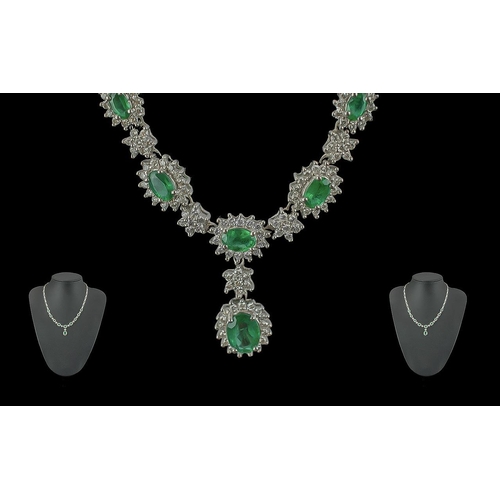 23 - Ladies - Stunning 18ct White Gold Diamond and Emeralds Set Necklace of Excellent Quality / Design. M... 