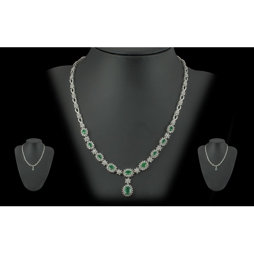 23 - Ladies - Stunning 18ct White Gold Diamond and Emeralds Set Necklace of Excellent Quality / Design. M... 