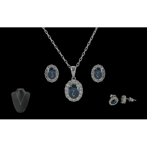 25A - 18ct White Gold Superior Quality Sapphire And Diamond Set Cluster Pendant Drop - With Attached 18ct ... 