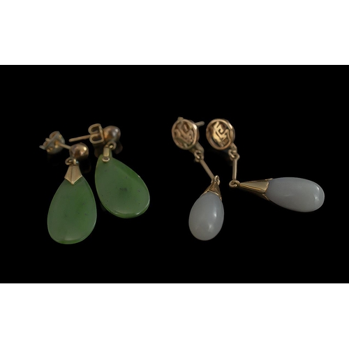 338 - Pair of 14ct Gold Lilac Jade Drop Earrings.   For pierced ears, approx. drop 1.75''. Together with a... 