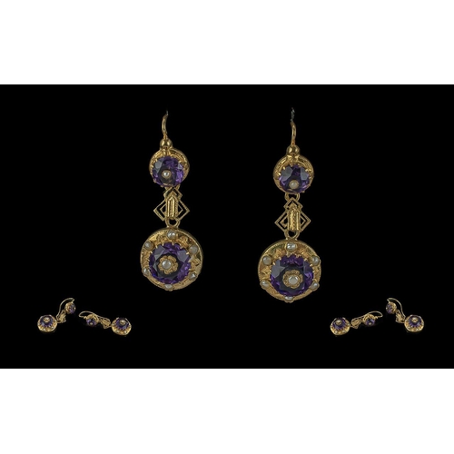 33B - Georgian - 18ct Gold Pair of Ornate Drop Earrings. c.1820's. Set with Amethyst and Seed Pearl. Not M... 