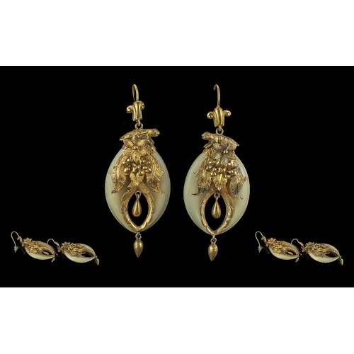 343 - Antique Period Ladies Pleasing 14ct Gold & Jade Set Pair Of Earrings - With Naturalistic Look. Not M... 