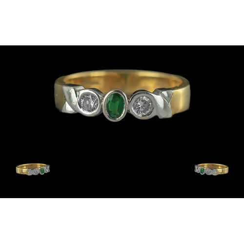 344 - Ladies 18ct Gold Excellent Quality 3 Stone Diamond And Emerald Set Dress Ring - Full Hallmark To Int... 