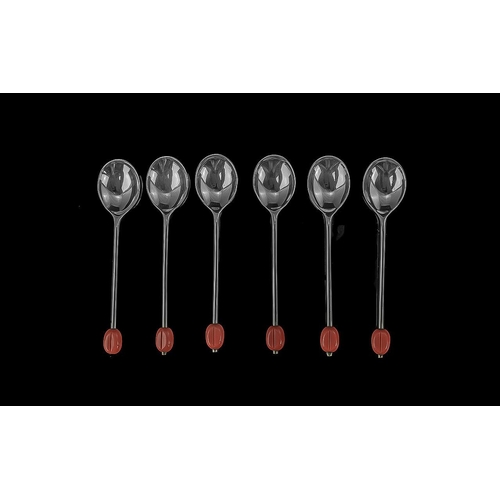 356 - Set of Six Silver Coffee Spoons, with coral bean terminals.  Fully hallmarked, Sheffield T.  In fitt... 