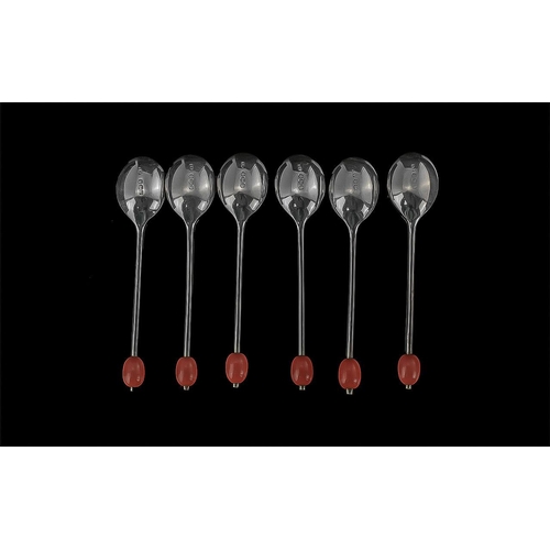 356 - Set of Six Silver Coffee Spoons, with coral bean terminals.  Fully hallmarked, Sheffield T.  In fitt... 