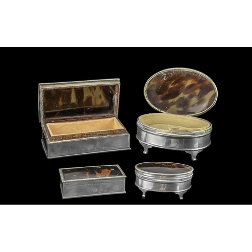 359 - Two Silver Antique Trinket Boxes, tortoiseshell hinged lids open to reveal velvet lined interior.  H... 